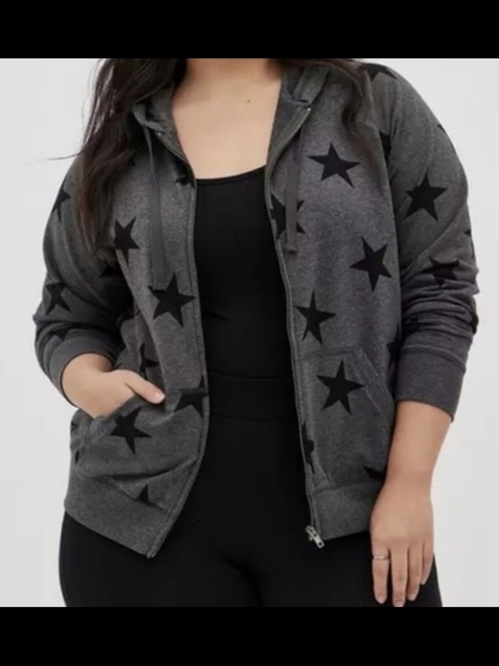 Torrid Star Print Zip Hoodie - Charcoal Gray & Black